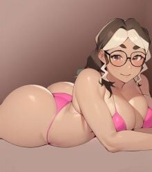 ai_generated big_ass big_breasts big_butt bikini breasts_out brown_hair bubble_ass bubble_butt glasses hispanic large_ass large_breasts laying_down laying_on_stomach