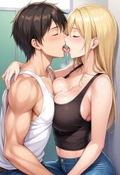 1boy ai_generated couple female french_kiss kissing kissing tongue_kiss wet_kiss