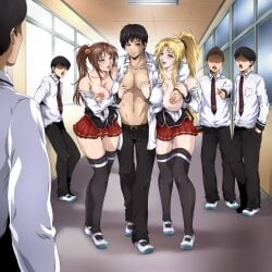 2girls 5boys academy_uniform_(bible_black) after_sex arm_grab being_watched belt bible_black big_breasts blonde_hair blush breast_grab breasts brown_hair classmate envy exhibitionism eyeless eyeless_male green_eyes groping groping_breasts hallway happy happy_female huge_breasts imari_kurumi jealous jealousy long_hair looking_at_another looking_at_partner looking_pleasured minase_taki moaning multiple_boys multiple_girls necktie nipple_pinch nipple_play nipple_tweak no_bra no_bra_under_clothes one_breast_out open_clothes open_shirt pants people_watching ponytail public public_indecency purple_eyes retorou saeki_kaori school school_uniform schoolgirl shirt shoes short_hair side_ponytail skirt stockings surprised suspenders teal_eyes thighhighs tied_hair very_long_hair vest walking watching