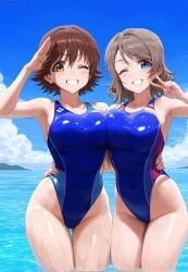 ai_generated ass blue_eyes breasts brown_hair competition_swimsuit honda_mio idolmaster large_breasts legs love_live! love_live!_sunshine!! multiple_girls one-piece_swimsuit short_hair swimsuit the_idolm@ster thighs watanabe_you yellow_eyes