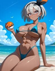 1girls abs ai_generated bare_arms bare_legs bare_shoulders bare_thighs bea_(pokemon) beach big_breasts bikini bikini_bottom bikini_top blue_eyes blush clothed clothing color dark-skinned_female dark_skin female female_focus female_only fit_female game_freak grey_hair gym_leader hi_res large_breasts looking_at_viewer muscles muscular muscular_female nintendo pokeball pokemon pokemon_ss pokemon_trainer sand sea short_hair solo solo_female tagme thick_thighs tomboy water wesker_ai