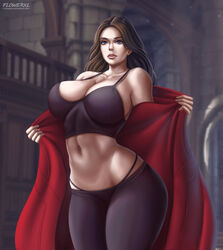 1girls abs armpits ass avengers bare_shoulders beauty_mark belly big_breasts blue_eyes breasts brown_hair cleavage clothed clothing curvy female female_only flowerxl hair huge_breasts large_ass large_breasts lips long_hair marvel marvel_cinematic_universe midriff muscular muscular_female navel panties pants red_lipstick scarlet_witch solo standing tank_top text thick_thighs url wanda_maximoff watermark wide_hips