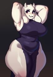 anthro boss_monster_(undertale) bovid caprine clothing dress female floppy_ears fur goat hands_behind_head hi_res horn hyper_thighs long_ears mammal massive_thighs mature_female nocturne_nsfw red_eyes simple_background slightly_chubby slightly_chubby_anthro slightly_chubby_female solo thick_thighs thunder_thighs toriel undertale_(series) white_body white_fur white_horn wide_hips