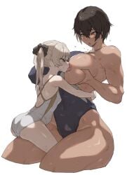 2girls blonde_hair blue_eyes breasts brown_hair carrying carrying_person competition_school_swimsuit dark-skinned_female dark_skin gym_uniform height_difference highres humping kei_(m_k) large_breasts long_hair m_k multiple_girls original red_eyes rika_(m_k) school_swimsuit short_hair simple_background size_difference sweat swimsuit tall tall_female tan tomboy yuri