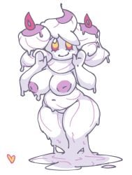 alcremie anthro breasts candle female fire flaming_hair food food_creature food_humanoid fusion generation_5_pokemon generation_8_pokemon genitals heartear18 hi_res humanoid hybrid litwick melting nintendo nipples nude pokemon pokemon_(species) pokemon_fusion pseudo_hair purple_body pussy short_stack slightly_chubby slime solo wax wax_creature white_body