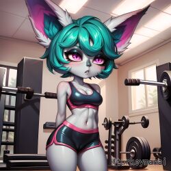 ai_generated animal_ears cameltoe cleavage dolphin_shorts green_hair grey_skin league_of_legends medium_breasts midriff navel pink_eyes shortstack sports_bra thighs turkeyman_ai vex_(league_of_legends) yordle