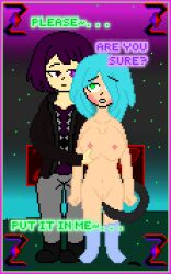 1boy amber_lightvale bad_anatomy black_eyes black_hair blue_hair blue_socks blush breasts clothes dark_zixy dialogue_options female green_eyes highest highres nude pixel_art purple_eyes short_hair socks zixy zixy_(artist)