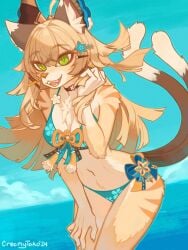 anthro bikini bra breasts brown_body brown_fur clothing creamytako felid feline female fur furry genshin_impact green_eyes hair hi_res kirara_(genshin_impact) long_hair mammal multi_tail navel outside seaside smile solo stripes swimsuit swimwear tail teeth tongue underwear