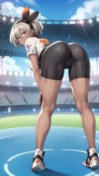 1girls ai_generated ass ass ass_focus back back_view bare_arms bare_legs bare_thighs bea_(pokemon) big_ass big_breasts big_butt clothed clothing color dark-skinned_female dark_skin female female_focus female_only game_freak grey_eyes grey_hair gym_leader hi_res large_breasts looking_at_viewer nintendo pokemon pokemon_ss pokemon_trainer pussy_visible_through_clothes short_hair solo solo_female tagme thick_thighs waifulickerr