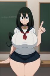 ai_generated blackboard classroom green_hair looking_at_viewer my_hero_academia sailor_uniform tsuyu_asui