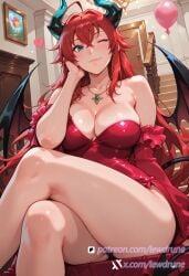 ai_generated anime blue_eyes crossed_legs devil_horns devil_tail female high_school_dxd horns illustration large_breasts lewdrune living_room long_hair rias_gremory sitting stairs tail upskirt wink