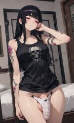 1futa ai_generated balls balls_slip bed bedroom big_penis black_hair breasts bulge dickgirl flaccid futa_only futanari goth goth_futa goth_girl goth_girl_(jamesbron) hime_cut indoors intersex jamesbron large_penis long_hair medium_breasts panties penis penis_bulge penis_in_panties penis_peek purple_eyes sleepy small_panties solo solo_futa standing tank_top tattoo thighs white_panties wide_hips