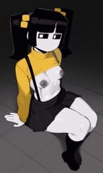 ai_generated black_hair black_sclera cassidy_(fnaf) crop_top cropped_sweater exposed_breasts five_nights_at_freddy's ghost ghost_girl grey_nipples no_mouth partially_clothed partially_nude pixai sitting small_breasts suspender_skirt suspenders twintails white_pupils white_skin