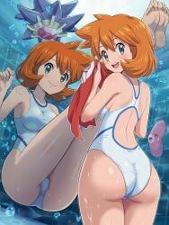 absurdres ass breasts curvy female gen_1_pokemon gen_3_pokemon green_eyes highleg highleg_one-piece_swimsuit highres huge_ass kasumi_(pokemon) luvdisc misty_(pokemon_hgss) multiple_views nintendo one-piece_swimsuit orange_hair pokemoa pokemon pokemon_(creature) pokemon_gsc pokemon_hgss shiny_skin short_hair side_ponytail solo starmie swimsuit wide_hips