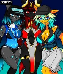 2026 3girls airiin220 android big_breasts blue_eyes breasts cleavage clementine_surprise female five_empty_bamboo fuzao's_adventure_(horse_race_tests) hat horse horse_race_tests military_eggy_glory open_mouth red_eyes robot selfie_pose short_hair short_hair_female swimsuit