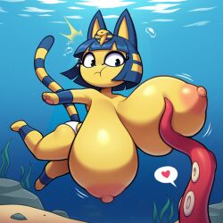 ai_generated air_bubbles animal_crossing ankha anthro blue_fur blue_hair cat_ears cat_tail eyeliner feline female furry heart holding_breath hyper_breasts molestation nintendo nipples octopus offscreen_character paws short_hair shortstack solo speech_bubble surprised tentacle topless two_tone_fur underwater underwear yasuhikonsfw yellow_fur