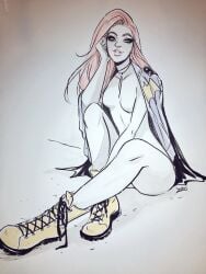 1girls 2d babs_tarr barbara_gordon batgirl batgirl_(barbara_gordon) batman_(series) boots breasts costume covered_nipples dc_comics female ginger nude simple_background sitting solo solo_female