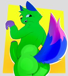 absurd_res anthro ass baudelario big_butt big_penis big_tail canid canine canis fur genitals green_body green_fur hi_res huge_cock kevin_(nyanwolf) male mammal penis retro simple_background solo tail teeth wolf