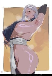 1girls absurd_res areola_slip areolae arm_behind_head arm_up armpits artist_name ass bare_shoulders blue_lips blush braid breasts club3 earrings fate/grand_order fate_(series) female_pubic_hair from_side highres huge_breasts jewelry large_ass large_breasts leotard long_hair looking_at_viewer makeup omi-san_(fate) partially_visible_vulva pubic_hair sash sideboob simple_background skirt solo tassel tassel_earrings thighhighs thighs white_hair yellow_eyes