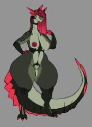2026 anthro areola breasts choker clothing collarbone curvy_figure digital_drawing_(artwork) digital_media_(artwork) ear_fins ear_piercing eyelashes facial_piercing female female_anthro fin fingers front_view full-length_portrait furgonomic_piercing furgonomics gatoradeew genitals grey_background hair hand_on_hip hi_res huge_thighs jewelry lizard mouth_closed multicolored_body necklace nipples nose_piercing nude nude_anthro nude_female piercing portrait red_areola red_hair red_nipples reptile scalie simple_background small_waist solo standing tail thick_thighs topwear torn_clothing torn_topwear vulva