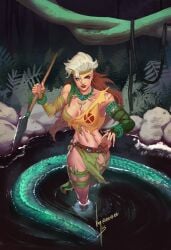 1girls anna_marie athletic_female brown_hair cleavage fingerless_gloves fit fit_female giant_snake green_eyes jungle jungle_girl large_breasts loincloth long_hair marvel marvel_comics marvel_rivals multicolored_hair rogue_(marvel_rivals) rogue_(savage_land) rogue_(x-men) savage_land spear standing_in_water thick_thighs tooth_necklace vonhexa vontvirus white_hair