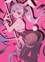ass ass_focus back back_view blue_hair blush bowtie breasts bunny_costume bunny_ears bunny_girl bunny_tail bunnysuit card cards female female_only hair hair_ornament hand_cuffs handcuffs happy happy_female hatsune_miku heart medium_breasts pantyhose pink_background pole pole_dancer pole_dancing rabbit_hole_(vocaloid) ribbon ribbon_bondage simple_background sky_blue_hair skyw315 smile smiling smiling_at_viewer tongue tongue_out vocaloid