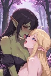 2girls ai_generated black_hair black_sclera blonde_hair blue_eyes blush cowlick dress_down elf_ears elf_female eyelashes fantasy female_only forest_background goblin_female green_skin large_breasts light-skinned_female long_hair looking_at_partner passionate pointy_ears purple_leaves seductive_eyes seductive_look shoulders tongue_out wife_and_wife yellow_eyes yuri