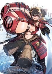 absurdres armor breasts female gigantic_breasts highres impractical_armor katana naze original red_eyes samurai solo solo_focus sword weapon