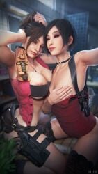 2026 2girls 3d absurd_res ada_wong ada_wong_(adriana) areola areola_slip areolae armpit armpit_fetish armpit_stubble armpits arms_up big_breasts black_hair blender blender_(artwork) bob_cut bra breast_squeeze breasts brown_hair choker chromatic_aberration claire_redfield claire_redfield_(jordan_mcewen) covered_nipples covering covering_breasts depth_of_field film_grain hakkux half-dressed handbra holster leggings looking_at_viewer on_knees ponytail realistic resident_evil resident_evil_2 resident_evil_2_remake selfie short_hair small_breasts tiny_breasts watermark