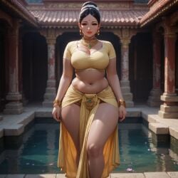 1:1 afternoon ai_generated architecture bangle belly belly_fat bindi black_hair blouse brown_eyes busty caramel-skinned_female cleavage dancer dancer_outfit dark_skinned_female earrings female flowers forehead_jewel gold_jewelry hair_bun hair_scrunchie hair_tie highres hoop_earrings indian indian_clothes indian_female jewelry knees large_breasts lipstick milf necklace one_leg_forward pelvic_curtain pillar pool rgomez007 short_sleeves single_bun skindentation solo_female stable_diffusion standing temple temple_background thick_eyelashes thick_lips thick_thighs traditional_clothes updo voluptuous_female warm_lighting wide_hips