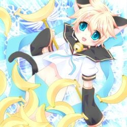 1boy animal_ears aqua_eyes banana bananas bell blonde_hair bottomless cat_boy cat_ears censored convenient_censoring detached_sleeves femboy food fruit hair_ribbon headset highres holding holding_staff jingle_bell kagamine_len kemonomimi_mode magic_staff magical_nuko-lenlen_(vocaloid) male_focus mamakari open_mouth ribbon school_uniform smile solo staff teeth tongue trap vocaloid