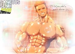 1boy abs bara bathroom beard_stubble beefy biceps big_areola big_breasts blue_eyes breasts broad_shoulders bubble bubble_bath collarbone daddy dilf frown gay grin gyee hi_res hunk looking_at_viewer male male_breasts male_only manly mature_male moobs muscles muscular muscular_arms muscular_male muscular_neck no_body_hair no_visible_genitalia oppai orange_hair pecs pix_masakok rand_(gyee) short_hair six_pack solo steam tattoo tattooed_arm text thick thick_arms thick_eyebrows tile_wall tilted_head topless tough_guy triceps wet wet_body yaoi