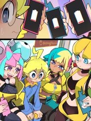 1boy 3girls bongfillstudent bongftah canari_(pokemon) canary_(pokemon) citron_(pokemon) cyan_eyes elesa_(pokemon) green_hair iono_(pokemon) kamitsure_(pokemon) nanjamo_(pokemon) pink_eyes pink_hair pokemon pokemon_bw pokemon_legends:_z-a pokemon_sv pokemon_xy purple_eyes smartphone text yellow_eyes yellow_hair