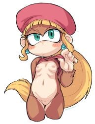 absurdres aqua_eyes blush_stickers body_fur breasts brown_fur clothes_lift cropped_legs dixie_kong donkey_kong_(series) donkey_kong_country earrings eyelashes female frown furry furry_female hat highres jewelry looking_at_viewer monkey_girl navel nipples oyatsu_(mk2) pink_hat ponytail pussy shirt_lift sidelocks simple_background small_breasts solo stomach thigh_gap twitter_username white_background