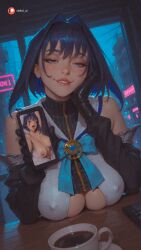 ai_generated aisinful armpits ass big_ass big_breasts big_butt blue_eyes blush breasts cup female gloves hi_res hololive hololive_english hololive_english_-council- hololive_english_-promise- large_breasts medium_breasts nipples ouro_kronii short_hair smile table thick_thighs wide_hips