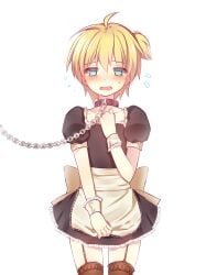 1boy 1femboy alternate_costume aqua_eyes blonde-haired_male blonde_hair blush chains collar cowboy_shot crossdressing crossdressing_(mtf) crying crying_with_eyes_open cute cute_expression cute_eyes cute_face cute_male enmaided femboy flying_sweatdrops frills garter_straps kagamine_len leash looking_at_viewer maid maid_boy maid_dress maid_male maid_outfit maid_uniform male male_focus male_maid male_only one_side_up open_mouth short_hair solo sweatdrop tears thighhighs thighs trap vocaloid white_background wrist_cuffs