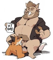 2019 anthro anthro_on_anthro anthro_penetrated anthro_penetrating anthro_penetrating_anthro balls beard belly bodily_fluids bottomless canid canine clothed clothing cum cum_in_mouth cum_inside daddy_mug daddyjinn dessert doughnut duo eating eating_food facial_hair fellatio food fox genital_fluids genitals haps hi_res larger_male larger_on_top male male/male male_penetrated male_penetrating male_penetrating_male mammal navel nipples nude on_top oral pastry penetration penile penile_penetration penis_in_mouth sex simple_background size_difference smaller_male smaller_penetrated suid suine sus_(pig) wild_boar