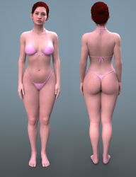 1girls 3d bikini daz_studio dragon_age_inquisition female female_only front_and_back full_body pink_bikini red_hair short-haired_female short_hair solo stormlux18 thong_bikini