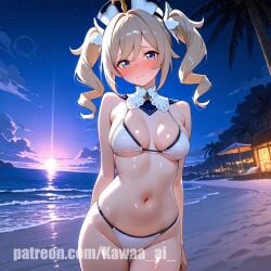 1female 1girls ai_generated barbara_(genshin_impact) beach bikini blonde_hair blue_eyes clothed clothing curly_hair female genshin_impact hair kawaa_ai looking_at_viewer moonlight night outdoors posing_for_the_viewer semi_nude sensual shiny_skin standing twintails white_bikini
