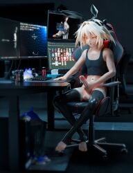 3d 3d_(artwork) 3d_render astolfo_(fate) blender blender3d blender_(artwork) blender_(software) blender_cycles blonde_hair chisahito computer computer_keyboard computer_monitor computer_mouse condom_balloon cum cum_drip cum_on_table cumming cumming_on_self desktop desktop_screen discord_(app) energy_drink erection exposed_navel femboy femboy_focus femboy_only gaming_chair glowing_eyes gooning hard_cock masturbating masturbation monitor penis ribbons rover_(wuthering_waves) rule34 steam stroking_penis tank_top thighhighs tissue_box tissues trap used_condom