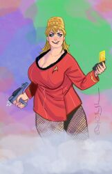 big_breasts blonde_female blonde_hair blue_eyes breasts brian_shearer busty busty_female character_request cleavage eyelashes fat fat_female firearm fishnet_legwear fishnets grin gun hair_bun holding_gun holding_weapon large_breasts looking_at_viewer plump red_shirt sci-fi smile star_trek thick