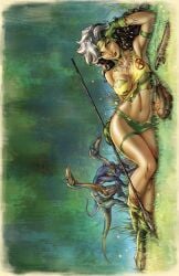 anna_marie boots brown_hair cleavage gloves green_eyes headband j_scott_campbell jungle jungle_girl large_breasts loincloth lying_on_side marvel marvel_comics multicolored_hair rogue_(savage_land) rogue_(x-men) savage_land spear tooth_necklace torn_clothes troodon white_hair x-men