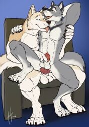 2022 absurd_res anal anal_penetration animal_genitalia animal_penis anthro anthro_on_anthro anthro_penetrated anthro_penetrating anthro_penetrating_anthro arm_around_shoulders armchair athletic athletic_anthro athletic_male black_claws black_pawpads blue_eyes brown_claws brown_pawpads canid canine canine_genitalia canine_penis chair chest_lick claws dated duo erection eyes_closed finger_claws fingering front_view fur furniture genitals grey_body grey_fur hi_res hufnaar knot male male/male male_anthro male_penetrated male_penetrating male_penetrating_male mammal narrowed_eyes nude open_mouth open_smile pawpads penetration penile penile_penetration penis penis_in_ass penis_tip pink_tongue precum_on_own_penis red_penis sex sheath sheath_fingering sheath_play simple_background sitting smile spread_legs spreading tan_body tan_fur toe_claws tongue tongue_out white_body white_fur white_sheath