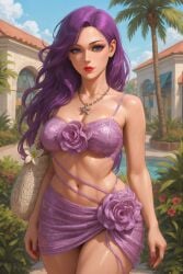 1girls ai_generated beautiful bikini blue_eyes buildings chatgpt elegant female flower flower_accessory flowing_hair garden hair_over_shoulder handbag lipstick long_hair loose_hair medium_breasts nail_polish necklace one_leg_forward palm_tree park poolside pretty purple_hair rgomez007 sarong solo_female stable_diffusion standing star_necklace thick_eyelashes thick_lips thick_thighs villa wavy_hair wide_hips