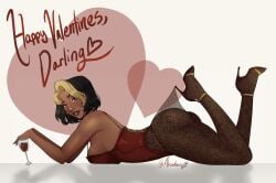 alocowberry bare_shoulders black_hair blonde_hair breasts brown_lips cleavage dark-skinned_female dark_skin domina_(overwatch) female fishnet_thighhighs fishnets happy_valentine highres lace_pantyhose_hooked_on_heel_(meme) large_breasts lips looking_at_viewer meme multicolored_hair overwatch short_hair solo streaked_hair thighhighs two-tone_hair valentine