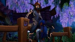 3d ash_bladesong blue_eyes blue_hair body_markings body_tattoo elf elf_ears female glowing_eyes leaves_in_hair naked night_elf nipple_piercing nipple_rings orange_hair pointed_ears rainbowviral scars scars_on_chest small_breasts tattoo world_of_warcraft yuri