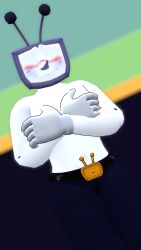 1boy being_undressed blurry_background blush covering_chest covering_nipples deltarune deltarune_chapter_3 flustered looking_at_viewer male male_only nervous on_stage solo solo_male stage standing tenna_(deltarune) tv_head undressing vrchat