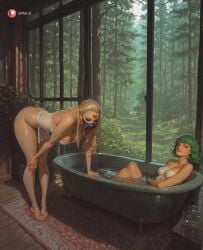 2girls ai_generated aisinful ass bamboo bamboo_forest barefoot bathing bent_over big_ass big_breasts big_butt blonde_hair blush breasts dark-skinned_female dark_skin do-s female forest green_eyes green_hair hi_res large_breasts long_hair looking_at_another medium_breasts multiple_girls nature nude one-punch_man open_mouth pointy_ears realistic sitting smile tatsumaki thick_thighs tree wet wide_hips