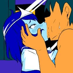 1boy 1girls 2d animated blue_body blue_skin blush breasts clothed eye_roll female game_cg ghost ghost_girl head_grab headpiece implied_penetration implied_sex jermaneels kissing kissing_while_penetrated loop looping_animation pixel_animation pixel_art sailor_uniform school_uniform shirt_lift short_hair small_breasts spirit_(jermaneels) strip_rock-paper-scissors_-_ghost_edition triangular_headpiece