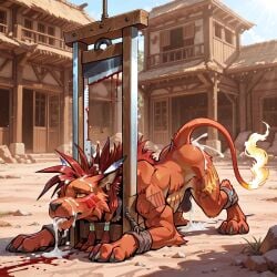 ai ai_generated ass_up balls blade blood blood_on_ground bondage canine claws cum cum_in_ass cum_in_mouth cum_on_ass cum_on_face cum_on_hair cum_on_head cum_on_thigh cum_pool cum_string defeat defeated defeated_hero execution final_fantasy final_fantasy_vii furry furry_only guillotine imminent_death imminent_decapitation imminent_snuff mane orange_fur outdoors paws protruding_ribs public public_execution public_humiliation public_indecency red_hair red_xiii snuff solo tied_up